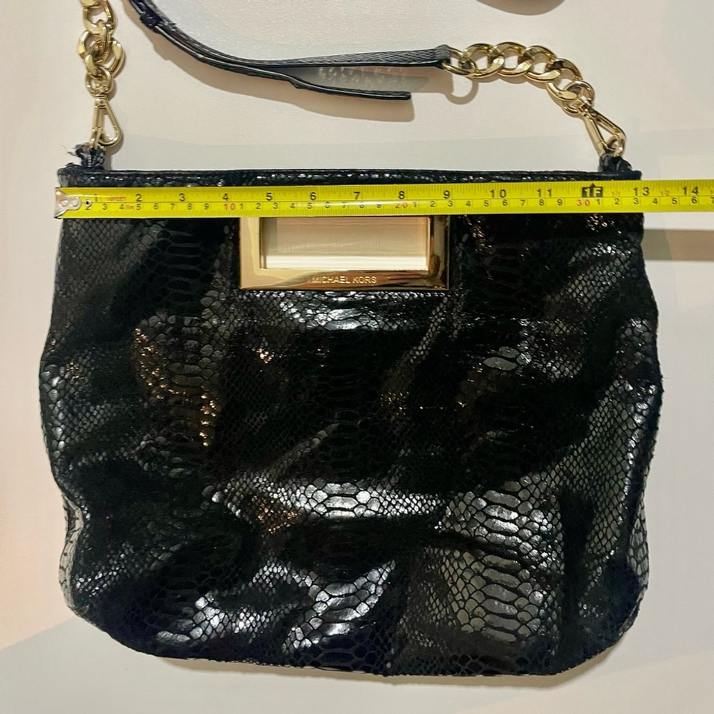 Michael Kors Black Snake-Embossed Leather Shoulder Bag Gold Evening Crossbody - Picture 5 of 8